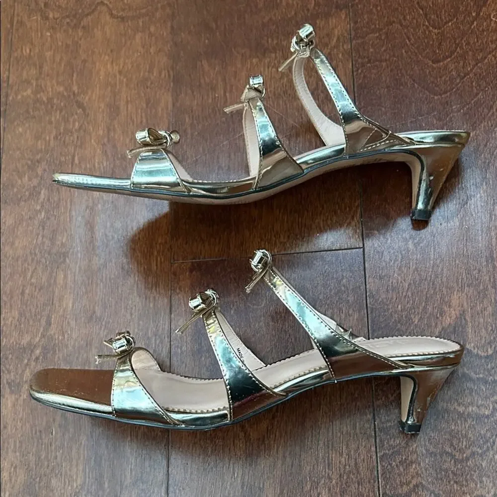 J. Crew Zadie Bow-Strap Heels in Gold Metallic Leather, Feminine Coquette Size 6